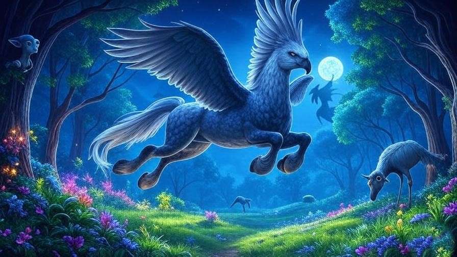 A hippogriff soaring over an enchanted forest with a house-elf and thestral, highlighting the mythical creatures in Harry Potter’s fantasy world.