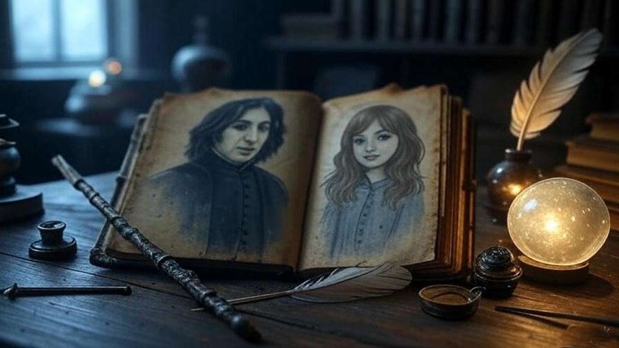 Digital painting of a journal with sketches of Severus Snape and Lily Potter, representing JK Rowling’s character development through backstories. 