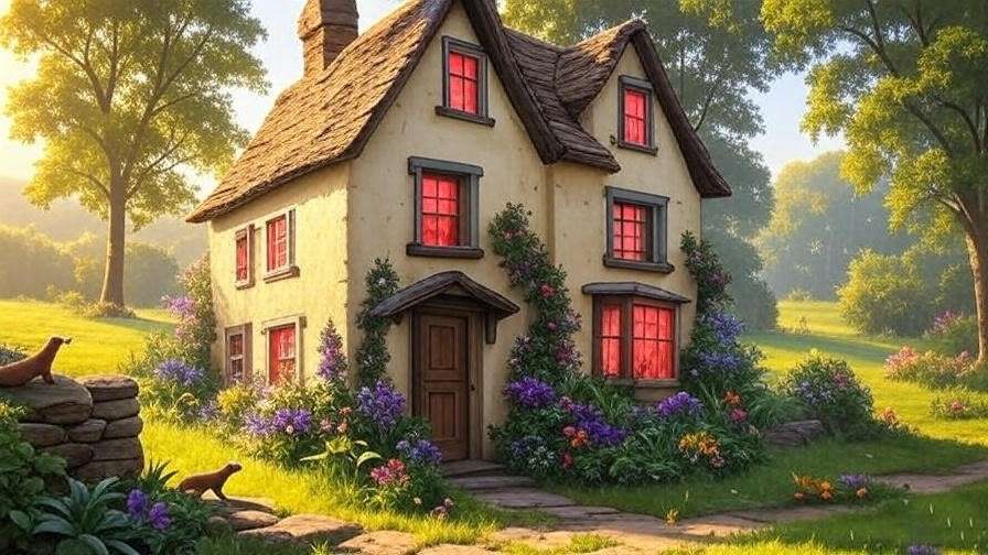 Whimsical illustration of The Burrow, the Weasley family’s magical home, glowing with warmth and Gryffindor spirit. 