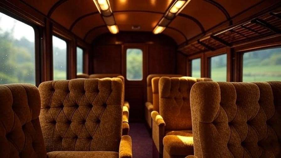 Cozy Hogwarts Express passenger carriage interior with wood paneling, plush seats, and magical countryside view through glowing windows. 