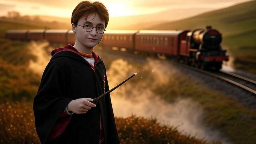 Harry Potter cosplayer in Gryffindor robe with glasses and scar, standing on a misty platform with Hogwarts Express and green hills.