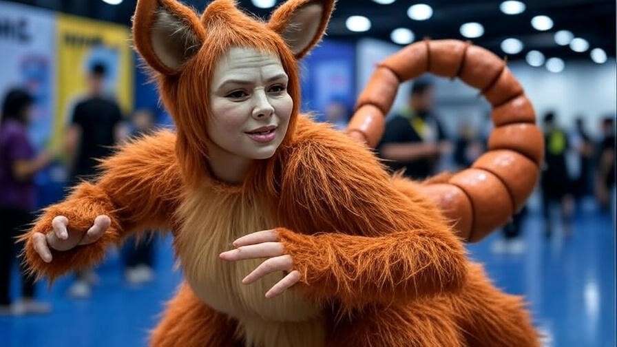 Manticore cosplay at a convention, showcasing fan creativity inspired by Harry Potter.