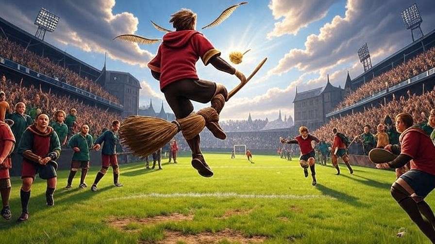 Dynamic Quidditch match in a Harry Potter roleplay, with players on broomsticks chasing the Snitch in a vibrant Hogwarts stadium. 