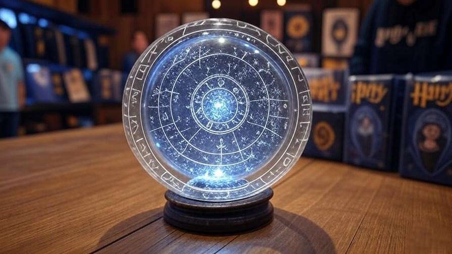 A handmade witchcraft ball artifact replica on a table at a Harry Potter fan convention, highlighting cosplay inspiration.


