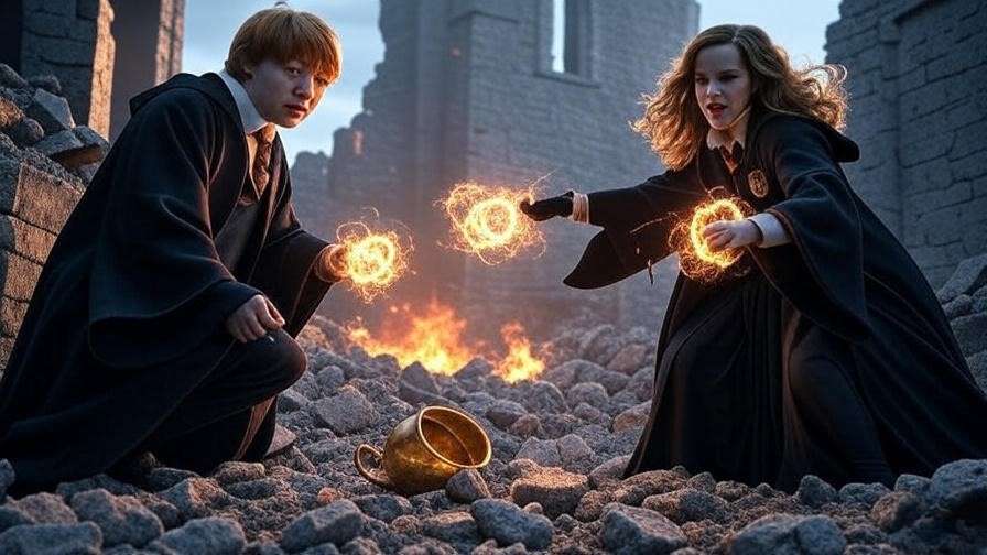 Ron Weasley showing courage with Hermione in the Battle of Hogwarts.