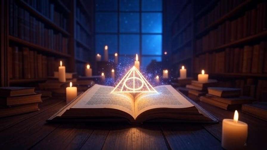 Mystical library with glowing Deathly Hallows symbol and floating candles.