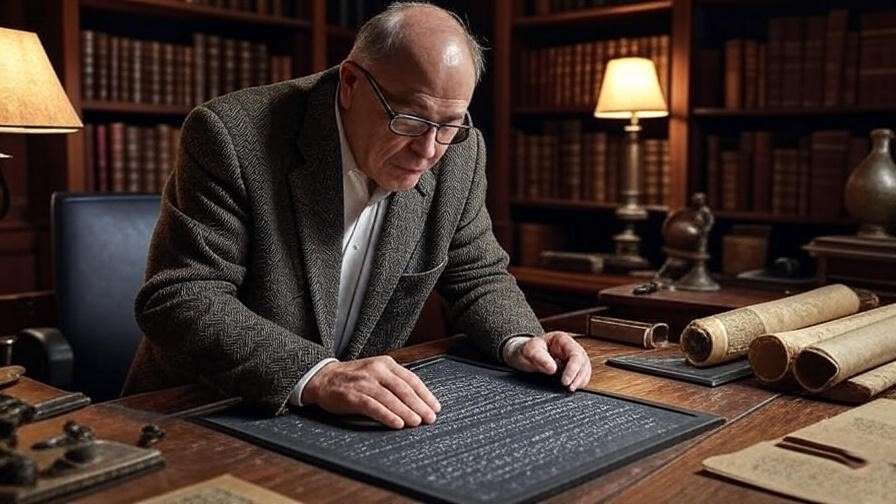 Historian analyzing Hogsmeade founding runes in a Ministry office.