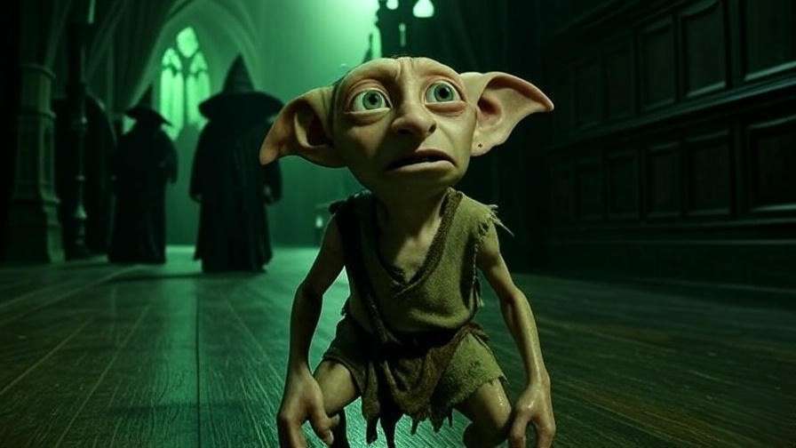 Dobby the house-elf in servitude at Malfoy Manor, highlighting his humble beginnings in Harry Potter. 