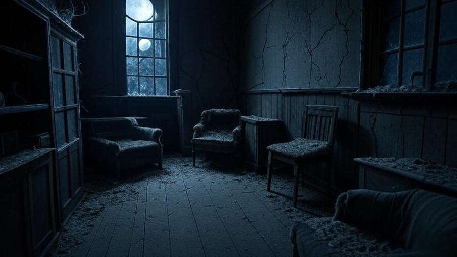 The dark, dilapidated interior of the Shrieking Shack under moonlight, representing a tragic scene from Harry Potter involving Severus Snape. 
