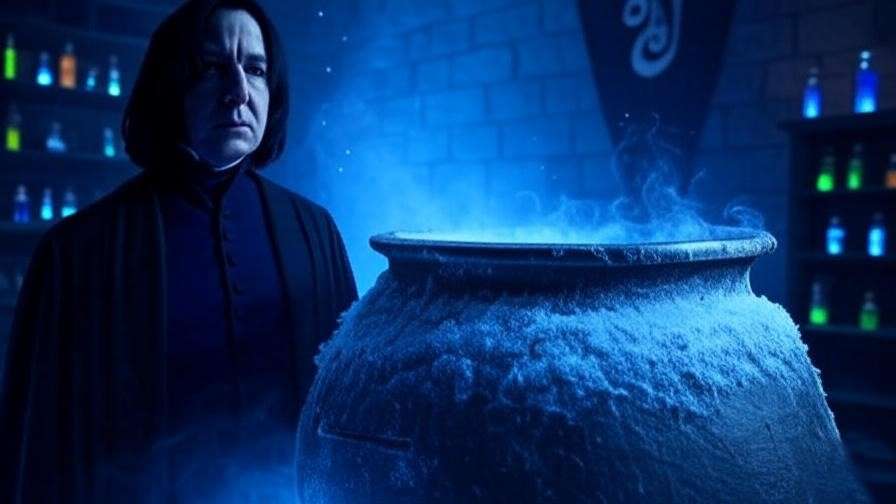A symbolic view of Hogwarts’ Potions classroom with icy mist, a shadowy Snape-like figure, and glowing potion vials, evoking themes of isolation and mystery in magical education. 