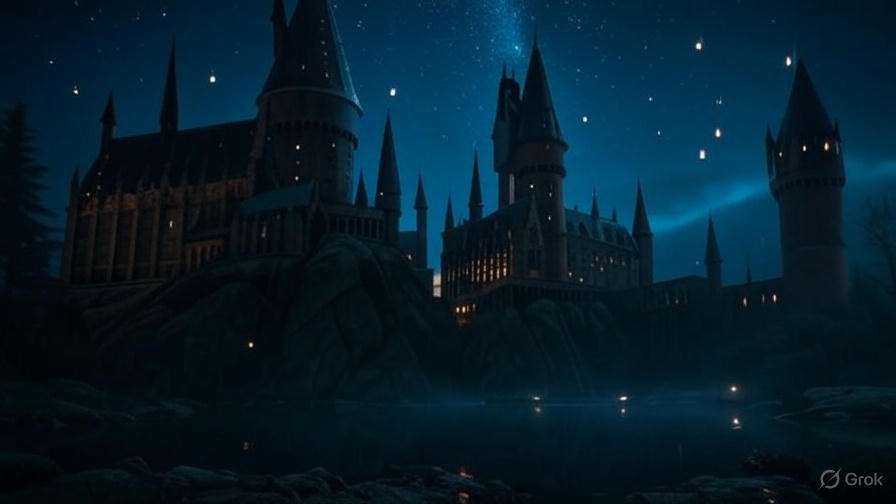 Futuristic Hogwarts castle at night with TV production hints, envisioning the Harry Potter TV series’ future.