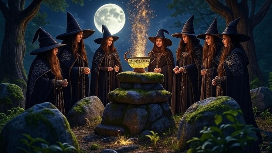Ancient witches performing a ritual around a glowing Witch Bowl Harry Potter on a stone altar in a moonlit forest clearing.