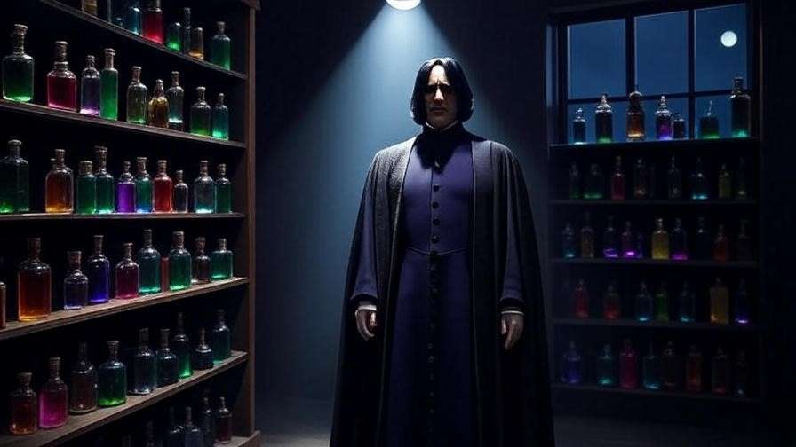 Behind-the-scenes display of potion bottles and Professor Snape costume at Harry Potter Exhibition Boston.