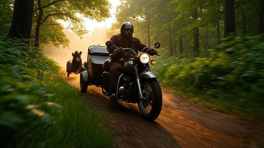 Hagrid’s motorbike speeding through the Forbidden Forest with a Blast-Ended Skrewt, showcasing the thrilling Harry Potter ride. 