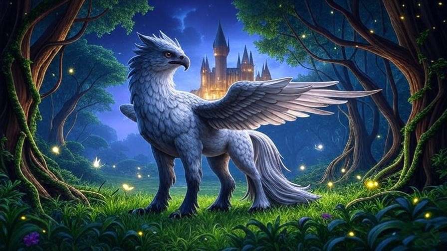 Hippogriff in the Forbidden Forest with Hogwarts Castle in the background, showcasing fantasy elements in the Harry Potter science fiction debate.