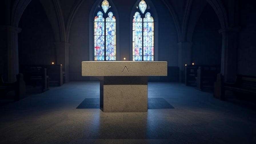 Serene chapel with stained glass and a triangular symbol on a stone altar, reflecting religious symbolism of the Deathly Hallows. 