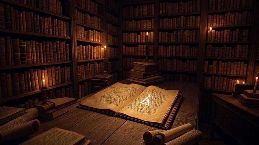 Ancient library with candlelit bookshelves and a glowing triangular symbol, evoking folklore influences for Deathly Hallows. 