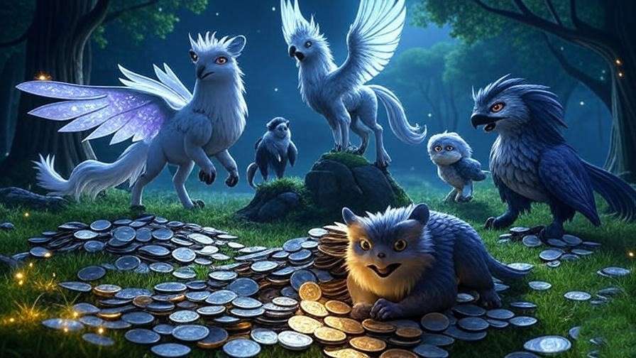 Magical creatures like Niffler, Thestral, Hippogriff, and Pygmy Puff in a moonlit Forbidden Forest clearing, inspired by Harry Potter team names.