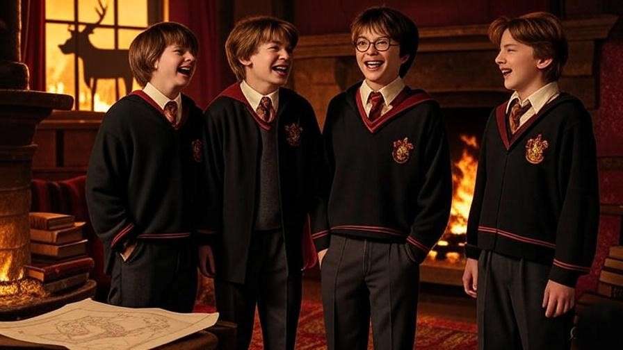 Four young Marauders laughing in the Gryffindor common room, with subtle hints of Padfoot and Prongs, evoking their friendship in the Harry Potter series. 