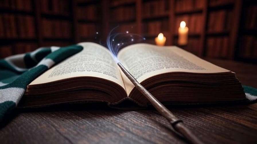 Open book with a wand on a wooden table in a candlelit library, featuring a Slytherin scarf and magical glow, inspired by Beyond the Wand.