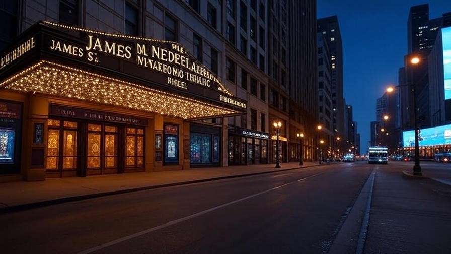 Cinematic view of Nederlander Theatre in Chicago, highlighting accessibility for Harry Potter and the Cursed Child Chicago. 
