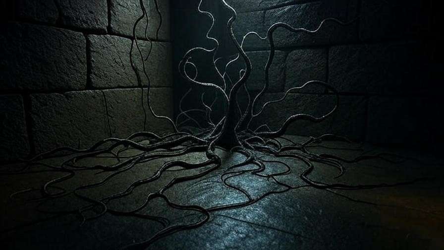 Devil’s Snare with twisting tendrils in a dark chamber, illuminated by a wand’s Lumos spell, capturing its menacing magical nature. 