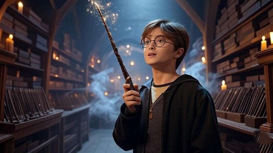 Young wizard in Ollivanders shop with a glowing wand, capturing the magic of choosing **wizardry wands** in Harry Potter. 