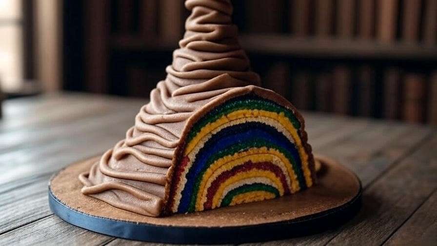 Sorting Hat Harry Potter birthday cake with colorful house-themed layers revealed in a slice, set on a wooden table. 