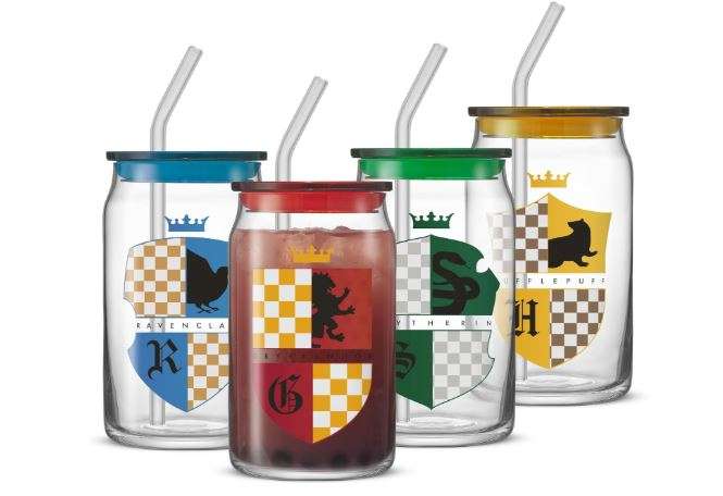 JoyJolt Harry Potter House Crests Glass Tumblers with Lids and Straws, 16oz Glass Cups with Lids and Straws, Can Shaped Drinking Glasses Set of 4, Hogwarts...