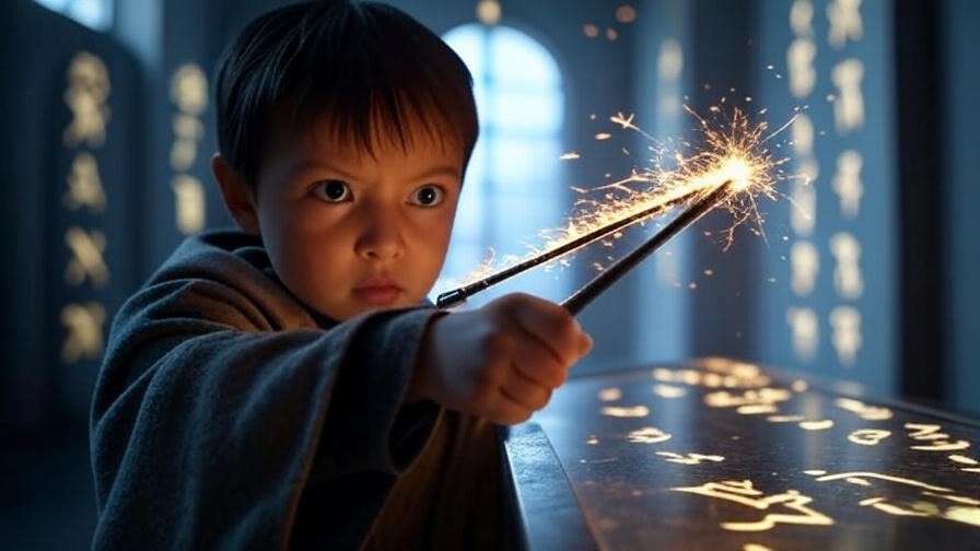 Child casting a spell with a wand at the Duelling Club interactive station at Harry Potter Exhibition Boston.