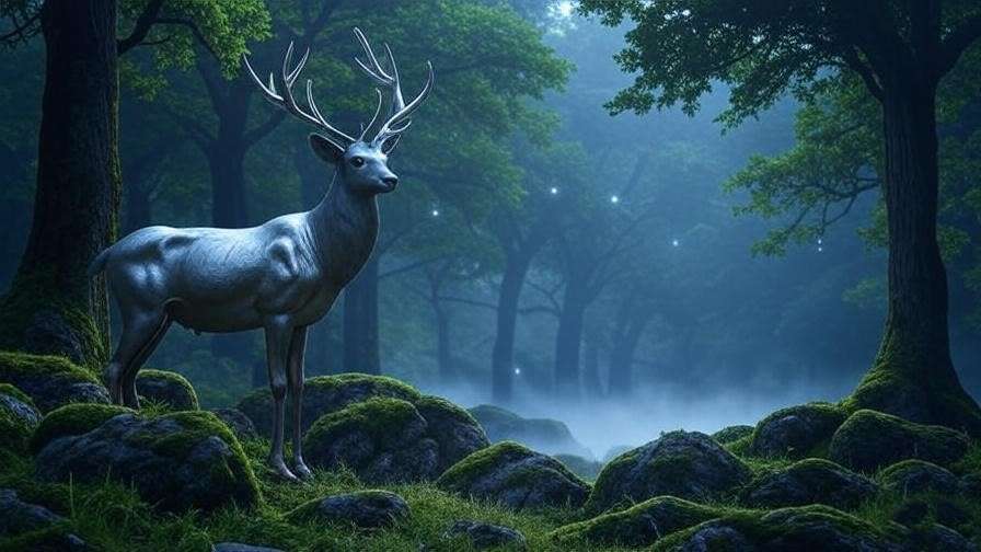 A silver stag with glowing antlers stands in a misty, enchanted forest, symbolizing the stag spirit animal’s mythological significance in Harry Potter and Celtic lore.