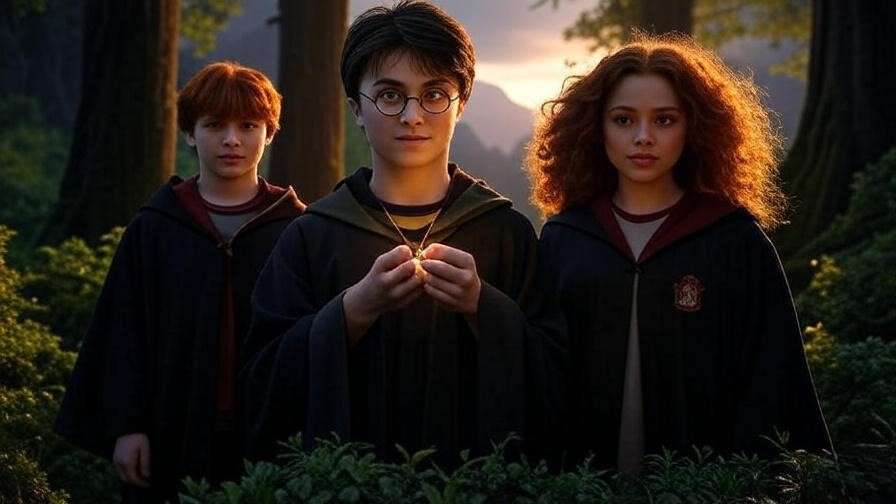 Harry, Ron, and Hermione in a forest holding a Horcrux, symbolizing teamwork.