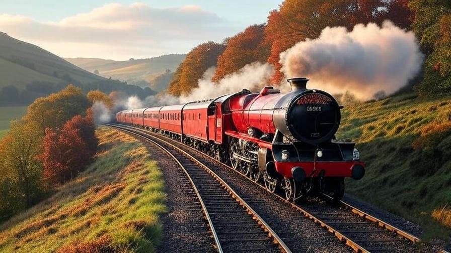 Hogwarts Express steaming through a misty countryside, symbolizing the magical journey of the HBO Harry Potter series.