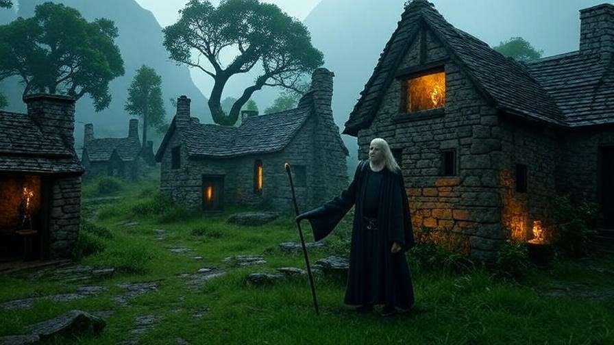 Mystical 10th-century wizarding settlement with Hengist of Woodcroft in a foggy valley.