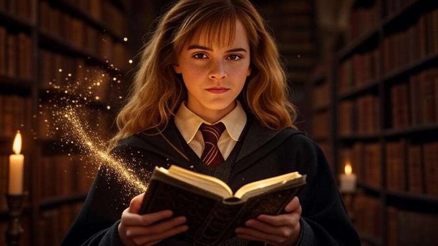 Vibrant library scene of Hermione Granger, a brilliant Harry Potter character, with magical books and candlelight.