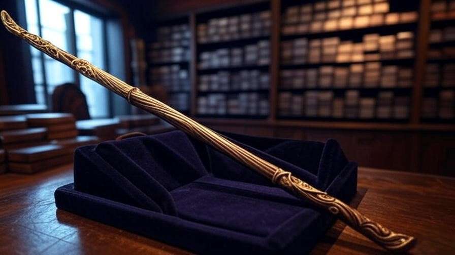 Close-up of a caoba wand with intricate carvings on a velvet stand in a wand shop, highlighting its rich mahogany grain.