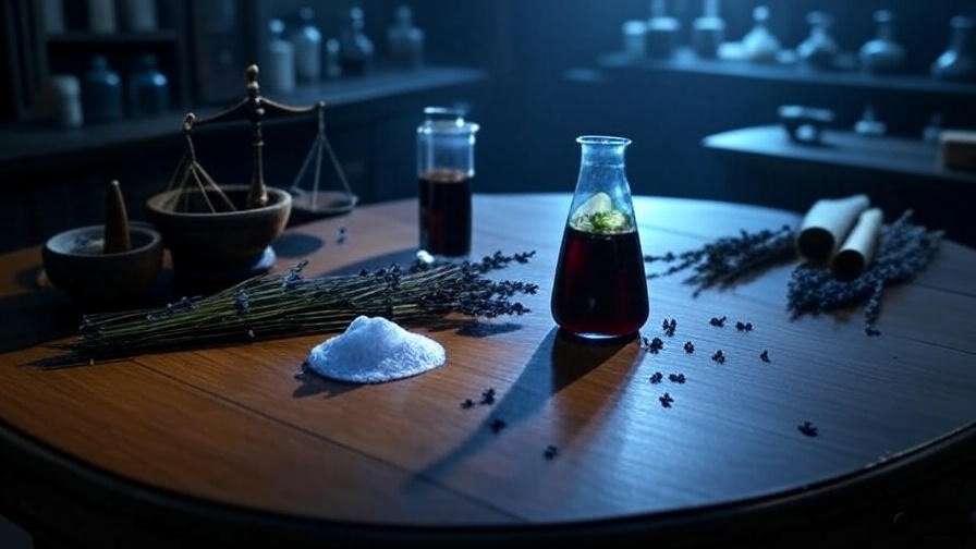 A wooden apothecary table in a Hogwarts Potions classroom displays powdered moonstone, syrup of hellebore, and lavender sprigs, evoking the magical ingredients of the Draught of Peace.