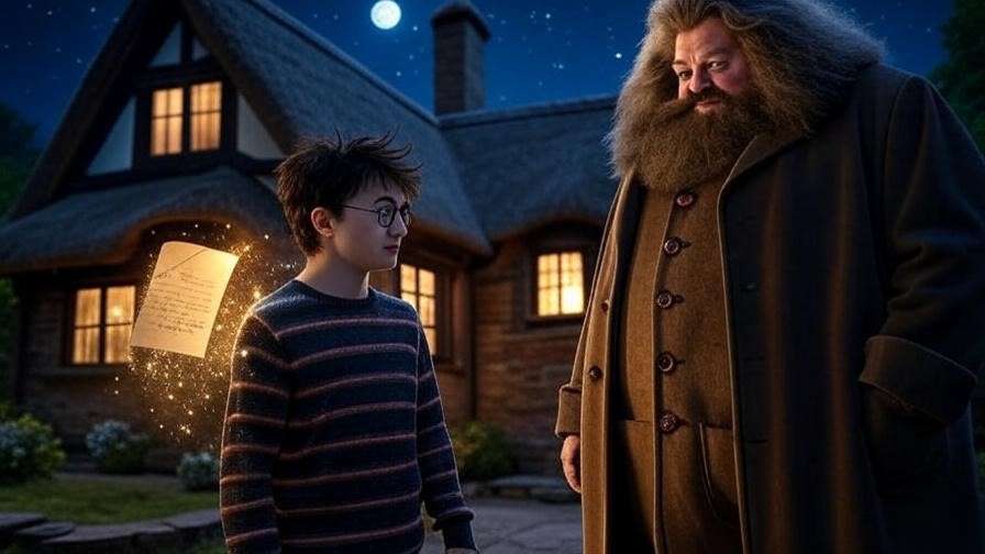 Magical scene of Harry Potter receiving his Hogwarts letter with Hagrid, marking his call to adventure as a hero. 