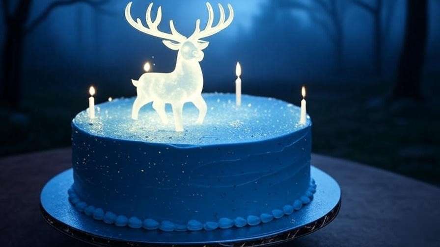 Expecto Patronum Harry Potter birthday cake with a glowing stag and blue buttercream, set in a misty forest scene.