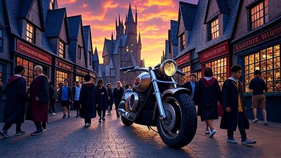 Universal Studios Hogsmeade with fans and Hagrid’s motorbike.
