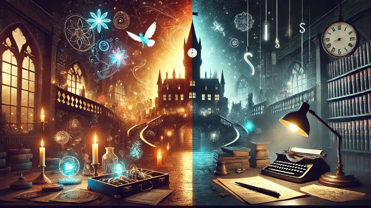 Split image of J.K. Rowling’s transition from the Harry Potter magical world to the darker, mature detective world of Cormoran Strike