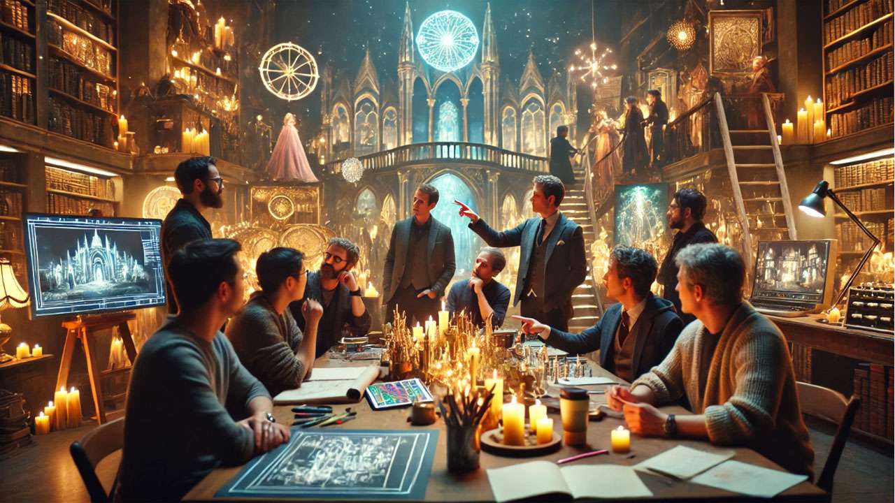 Filmmakers and directors behind the scenes of Harry Potter, discussing set designs and magical elements.