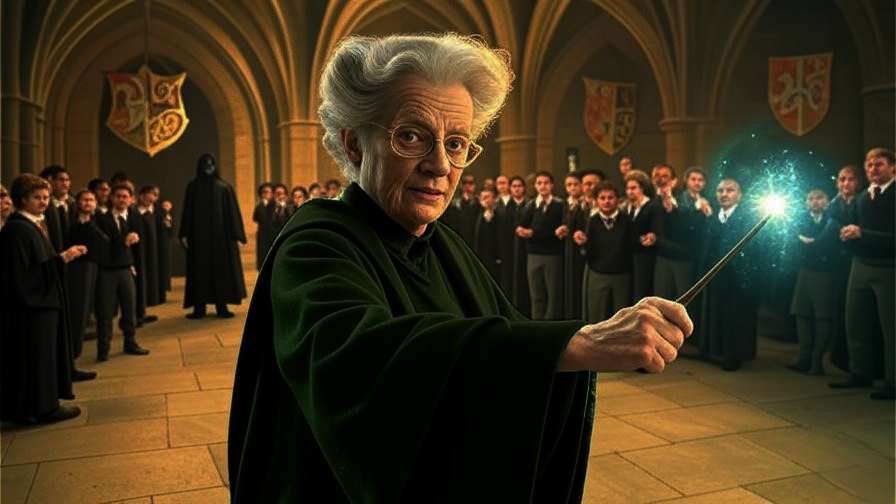 Professor McGonagall casting spells to protect Hogwarts against Snape.