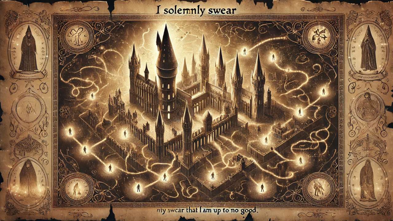 An unfolded Marauder’s Map on a Hogwarts desk, showcasing intricate magical details of the castle’s layout, symbolizing the legacy of Padfoot and Prongs in the Harry Potter series. 