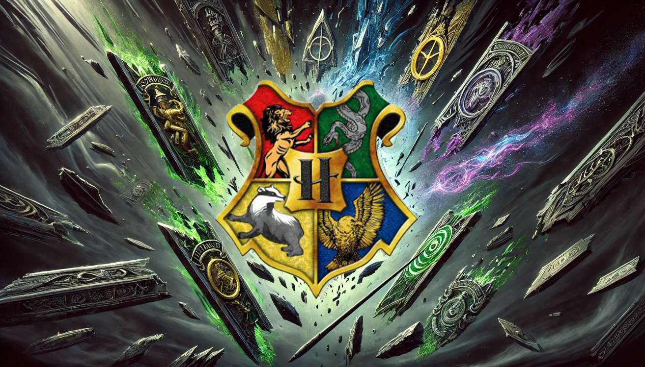 Colorful illustration of Gryffindor, Hufflepuff, Ravenclaw, and Slytherin house crests on a magical parchment background, evoking the Harry Potter universe.