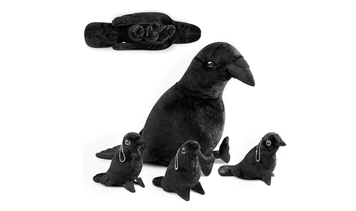  Double Bread Black Crow Plush Toy ， Realistic Crow Stuffed Animal 4Pcs，Soft Large Black Crows Crow Plush and 3 Baby，Black Bird for Kids