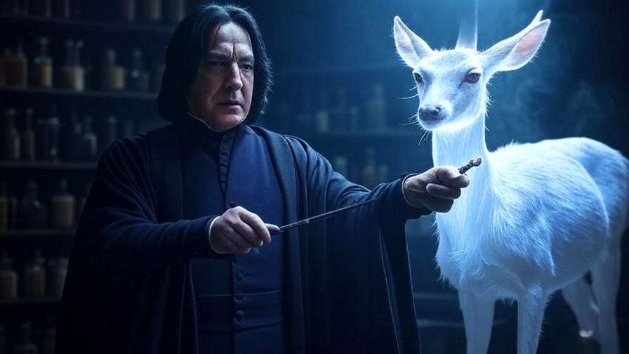 Snape casting doe Patronus in dark room, symbolizing hidden heroism.