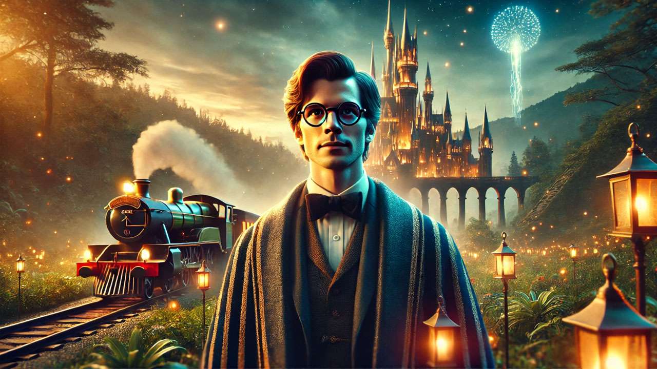 Daniel Radcliffe as Harry Potter on the Hogwarts Express, representing the start of his magical journey in the Wizarding World