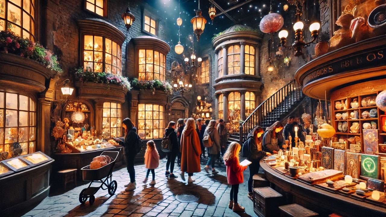 Fans exploring the Harry Potter Studio Tour in London, walking through Diagon Alley and the Hogwarts set