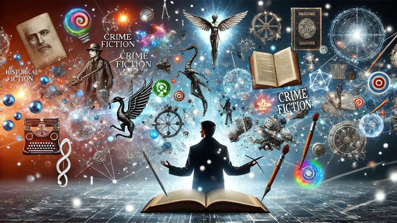 J.K. Rowling envisioning her future projects with elements from fantasy, crime fiction, and other genres floating around her